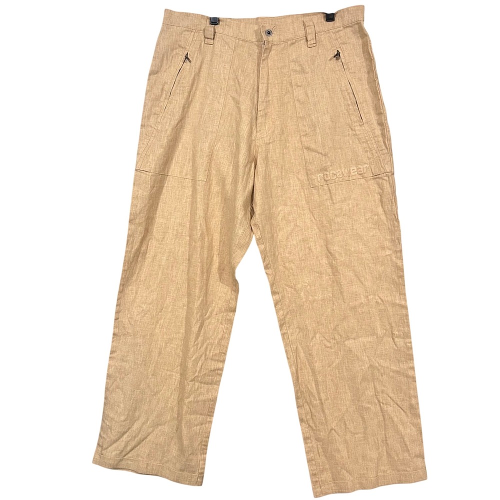 Rocawear Mens Tan Linen Blend Wide Leg Pants Y2K Baggy Khaki Trousers 36x36